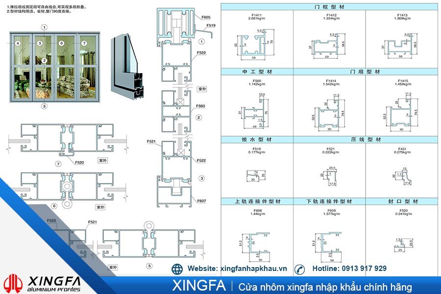 Cửa xếp trượt nhôm xingfa hệ 63